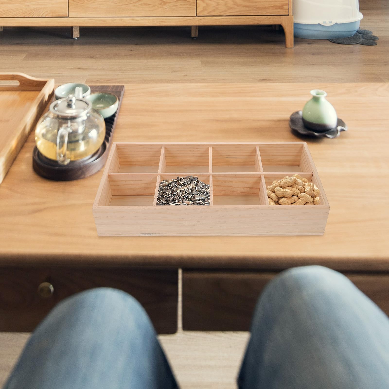 Abaodam Scatola di Immagazzinaggio in Legno Design a Scomparti Multifunzionale per Snack e Bustine Tè, Contenitore Beige per Casa e Tavolo da Camera