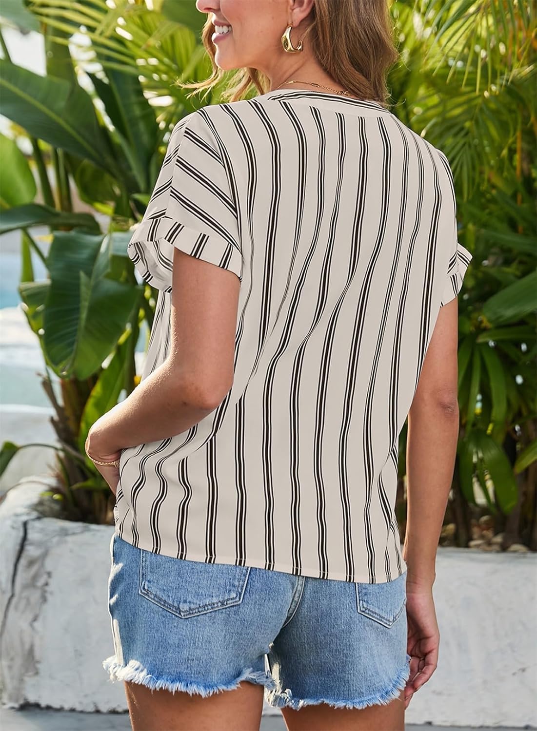 Dokotoo Women’s Summer Short Batwing Sleeve Button Shirts Business Casual Striped Color Block V Neck Lightweight Tops Blouses - Image 3