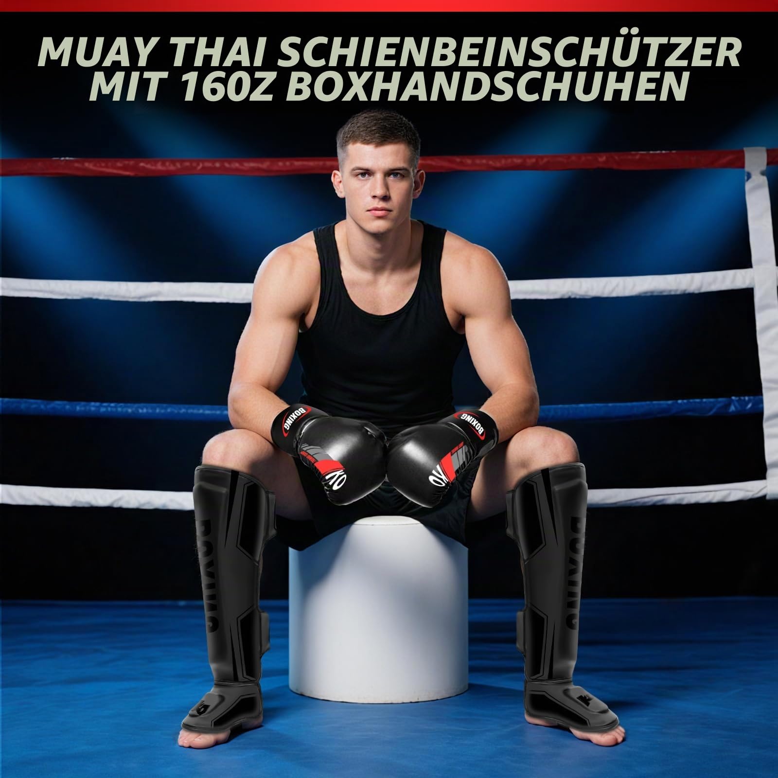 NZQXJXZ Schienbeinschoner Kickboxen mit 16oz Boxhandschuhen, Muay Thai Schienbeinschützer, Verstellbare Beinschützer mit Spannschutz, Kampfsport Trainingsausrüstung für MMA Training und Sparring