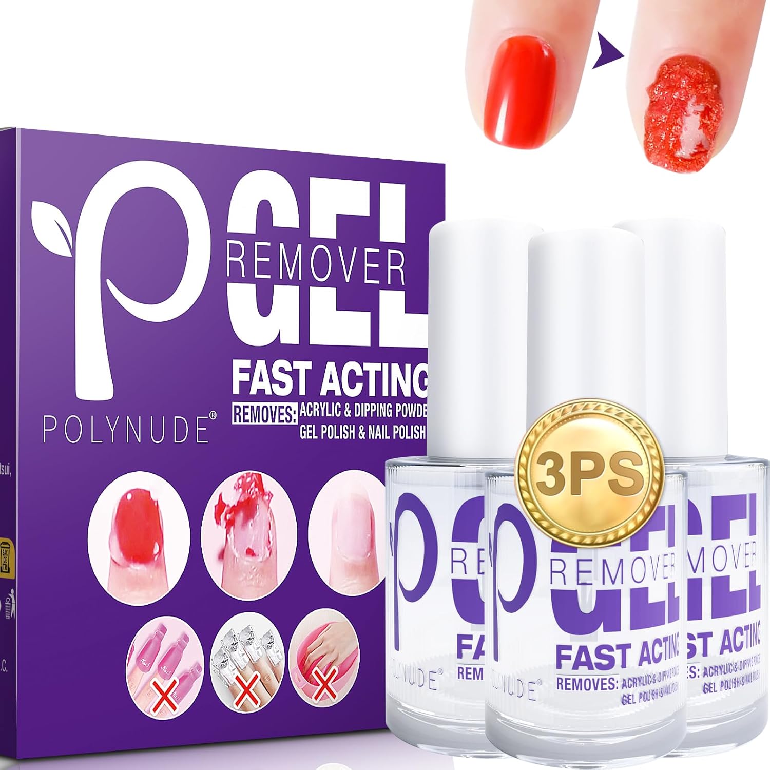 Polynude Gel Nail Polish Remover 3-Pack: Quick 3-6 Min Removal, No Foil or Soaking, Plant-Based & Nail-Safe