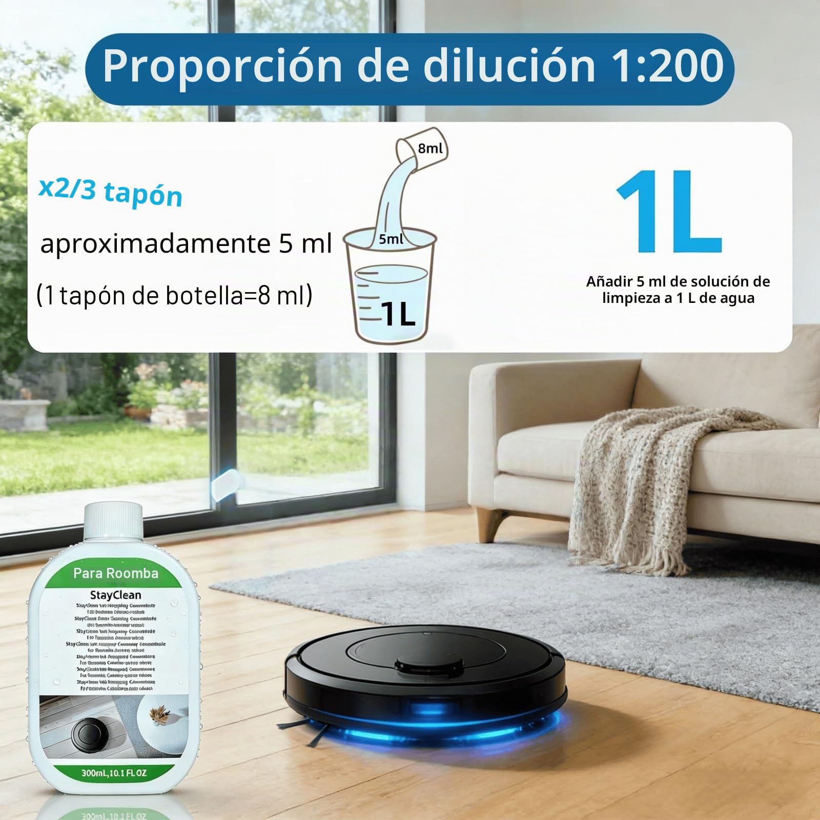 StayClean Concentrado, Limpiador for Suelos De Robot Aspirador, Solución De Fregado De Baja Espuma Compatible Con Roomba 705/505/405 Plus/Max/, Fragancia Fresca, Sin Residuos (6 x 300ml)