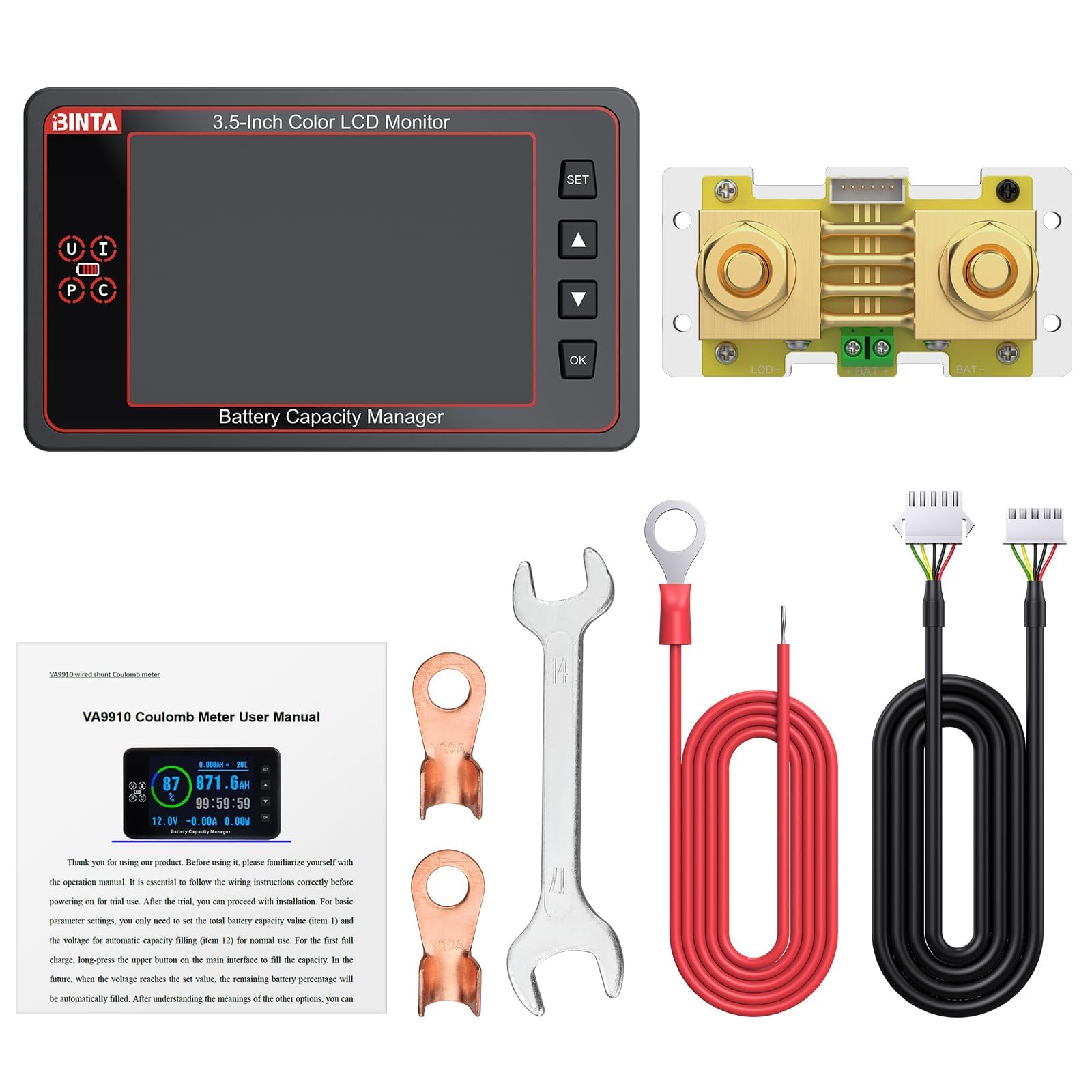 BINTA Monitor batteria 500A con shunt, schermo a colori da 8-100 V da 3,5 pollici per batterie allagate al gel di litio LiFePO4, retroilluminazione di allarme ad alta bassa tensione con copertura