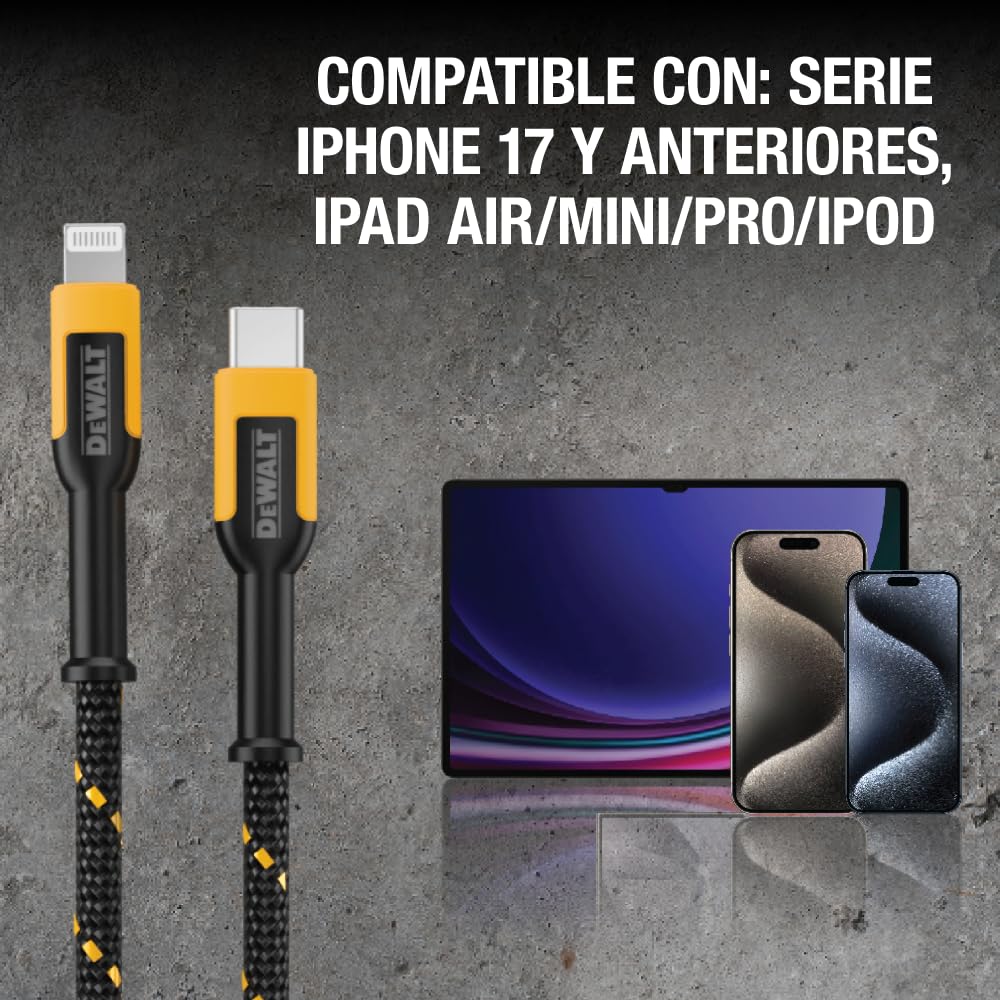 DEWALT Cable USB-C a Lightning 2 Pack 1,2 m [Apple MFi Certified], Cable Carga Rápida PD para iPhone 14/13/12/11 Pro Max, XR, XS, 8, Cable USB-C Lightning Resistente