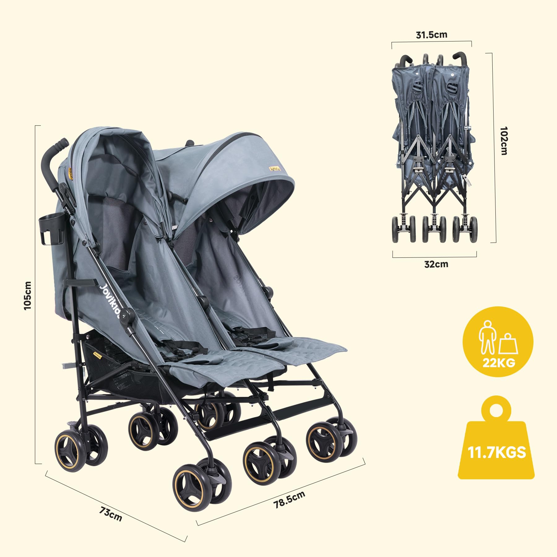 Jovikids Passeggino Gemellare Leggero per Bambini 0-36 Mesi, Doppio Passeggino per Gemelli/Fratelli fino a 15 kg, Cappottina Estesa, 5 Punti di Sicurezza, 2 Grandi Cestini (Grigio)