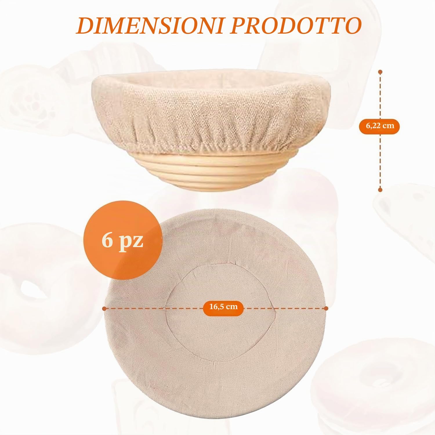 6 cestini rotondi per pane bannetone per lievitazione naturale, banneton cestino pasta, ciotola per lievitazione, regali per artigianato