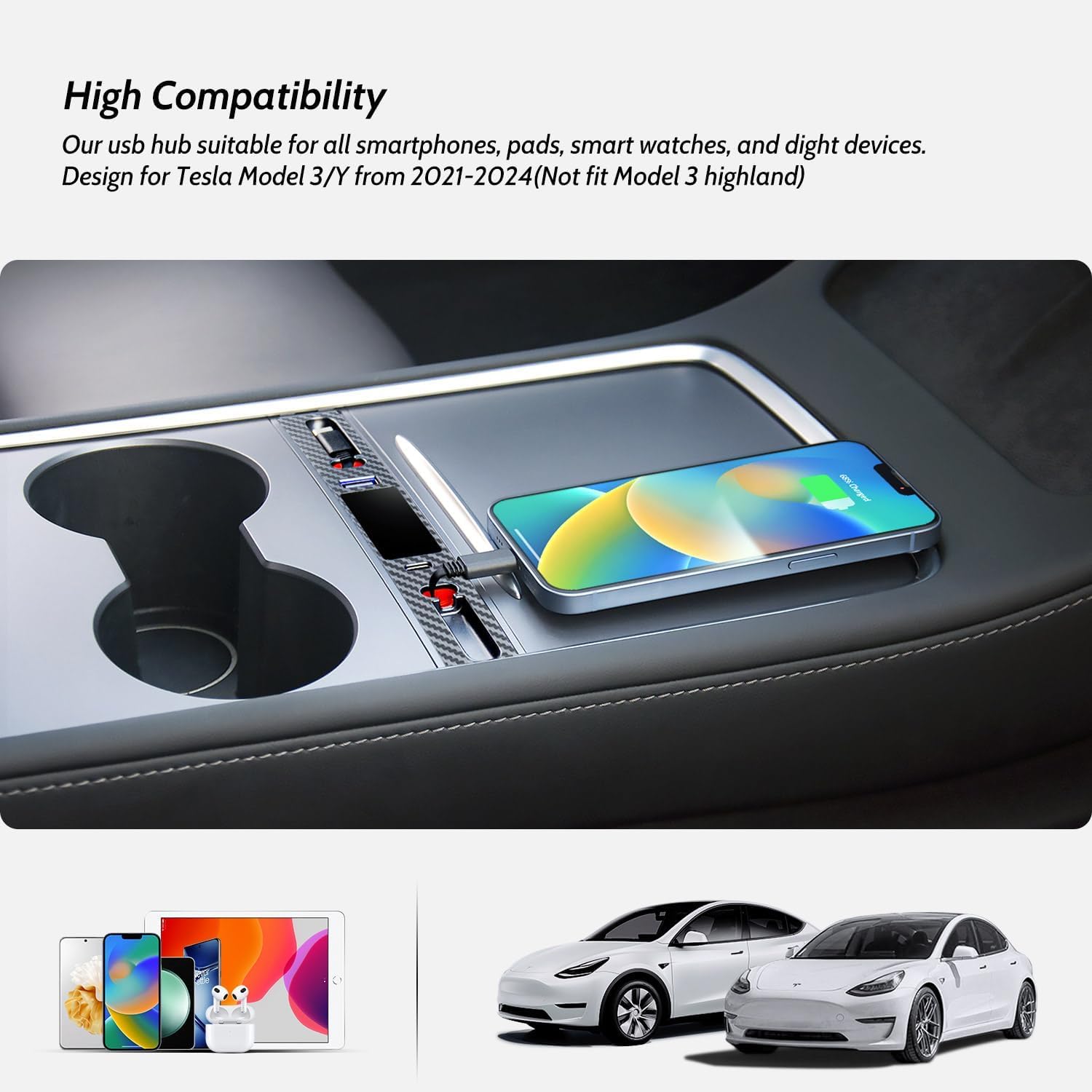 Hub USB de consola (blanco), adaptador de cables retráctiles USB para Tesla Model 3/Y accesorios interiores 2023 2022 2021, cargador de teléfono de coche, regalos para propietarios de Tesla