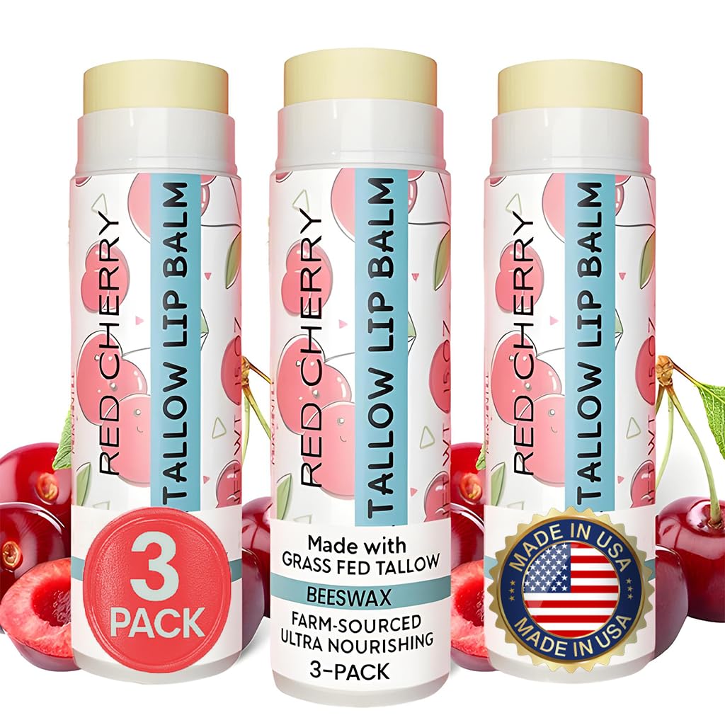 Tallow Lip Balm by Cattle Creek – Organic, All-Natural Ingredients, Long-Lasting Moisture and Hydration for Dry, Cracked, and Chapped Lips, Soothing Formula for Soft Skin (Pack of 3, Red Cherry)