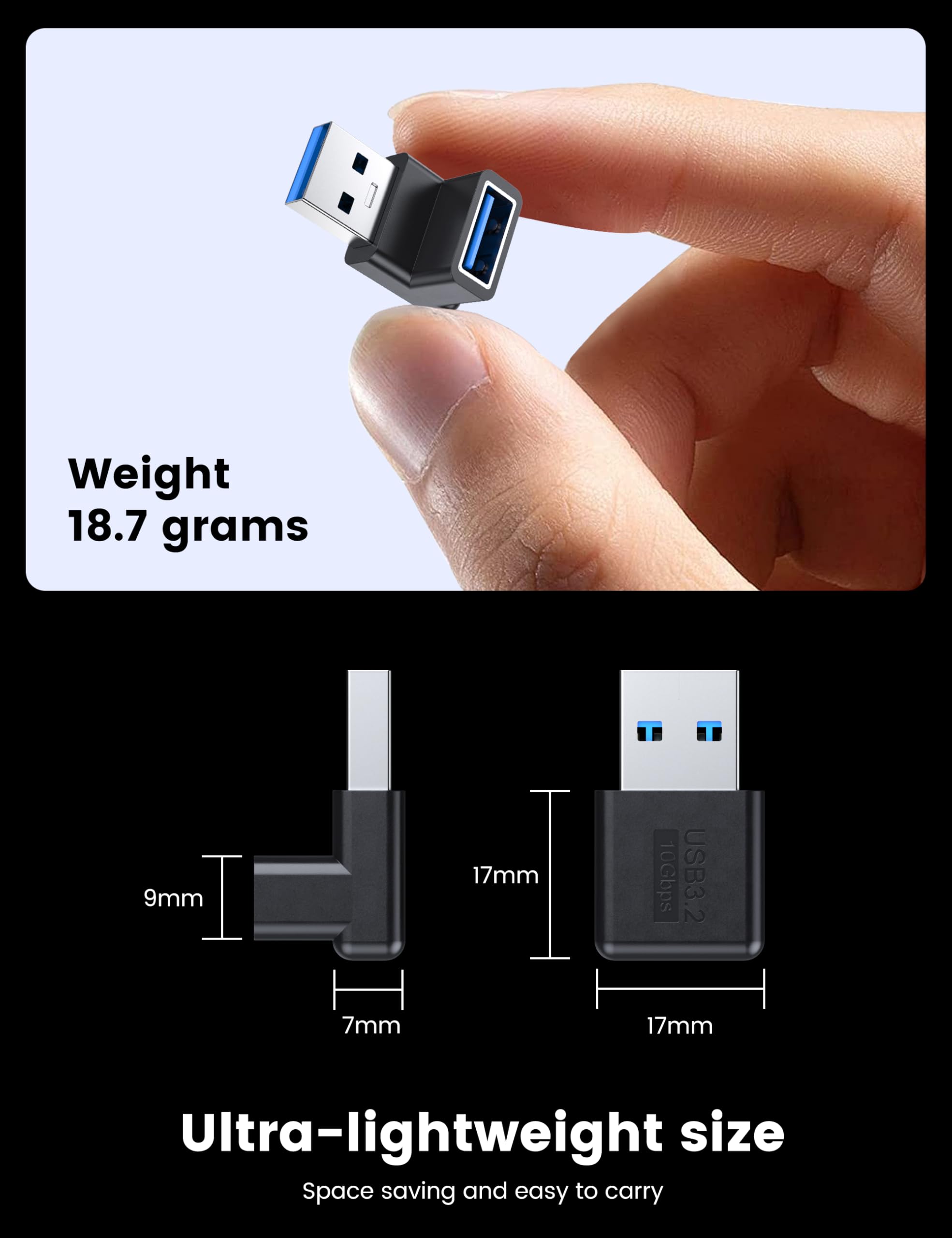 MOGOOD 90 Stopni USB 3.2 Adapter 10Gbps 2 sztuki Kątowy USB A Męski-Żeński Przedłużacz
