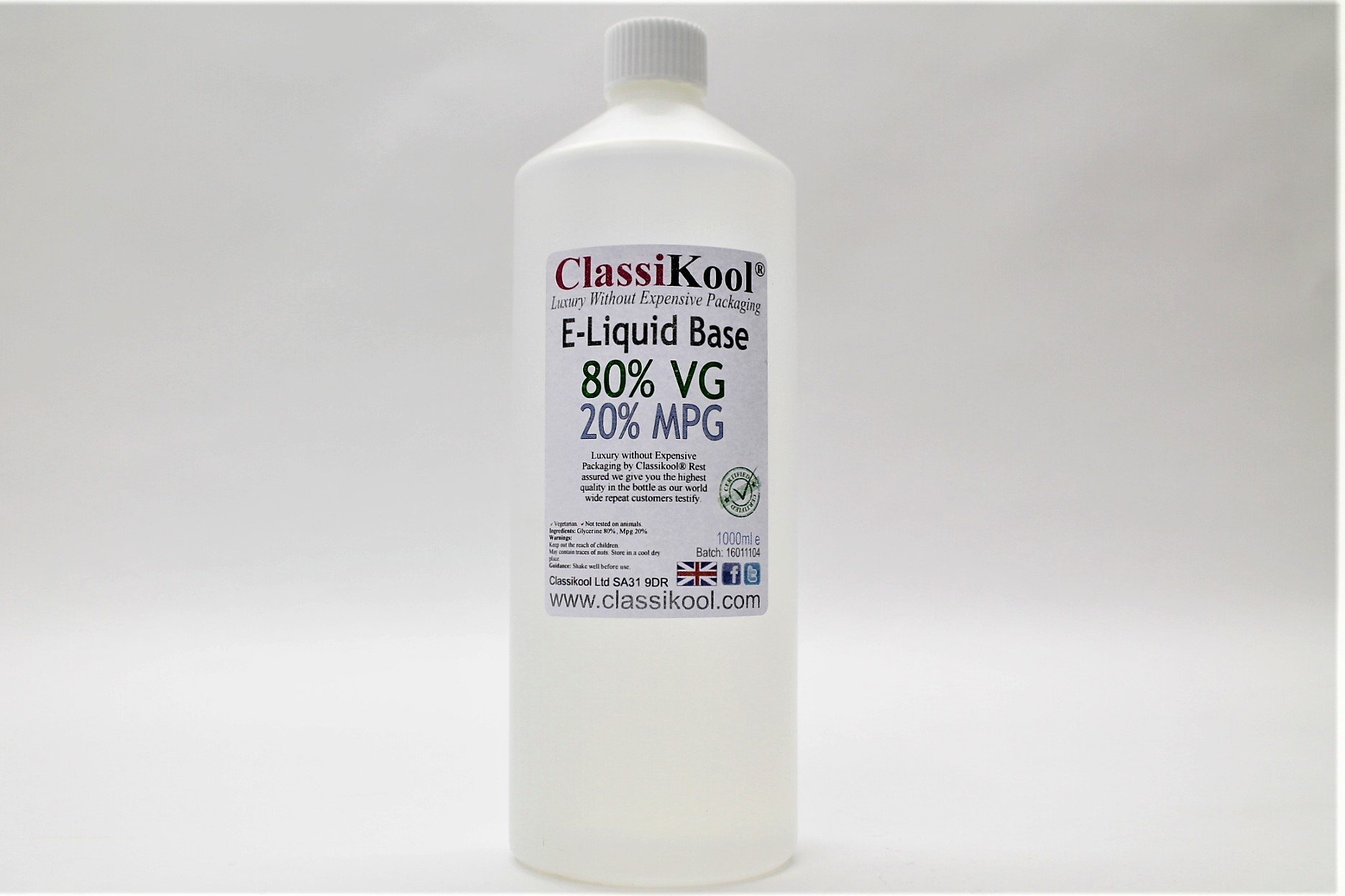 Classikool 1 Litre 80% VG / 20% PG Glycerine Mono Propylene Glycol Blend Premixed Base