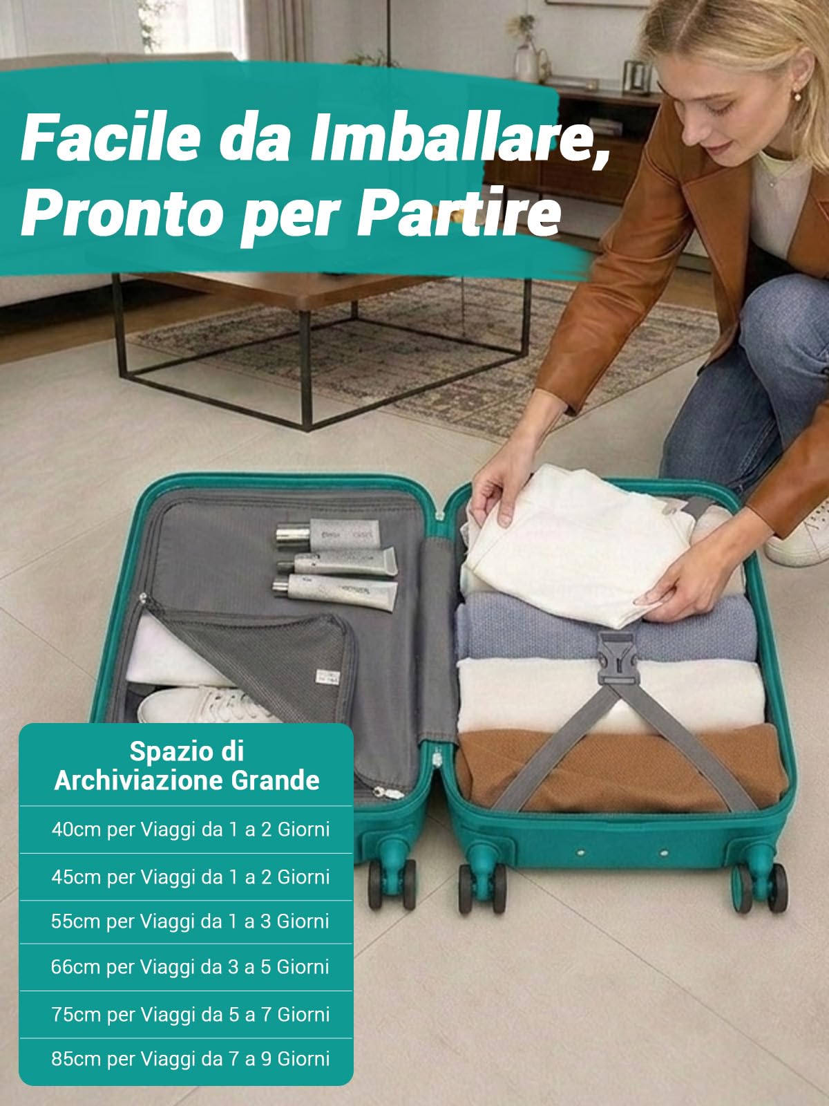 KONO Trolley Bagaglio a Mano 55x38x20 Rigido ABS+PC, Valigia da Cabina Leggera con 4 Ruote Doppie Silenziose TPE e Lucchetto TSA (55 cm, Turchese)