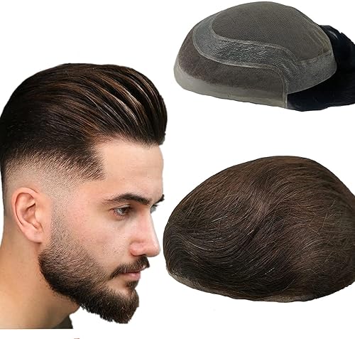 NLW - Tupé de cabello humano marrón oscuro para hombres, piezas de cabello humano para hombres, sistema europeo de reemplazo de cabello para