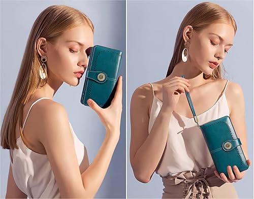 Miniatura 5 de Carteras de cuero SENDEFN de gran capacidad con pulsera y tarjetero para mujer con bloqueo de identificación por radiofrecuencia 1-cera-negro,