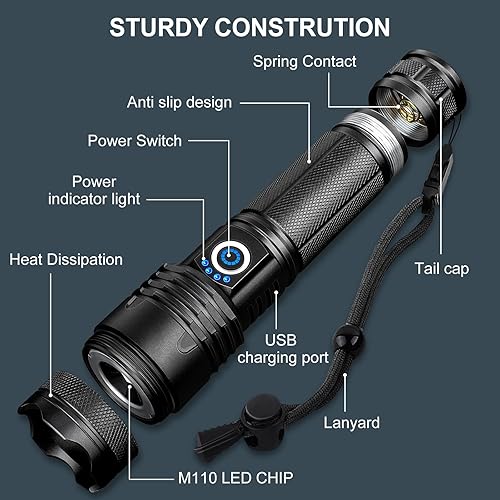Miniatura 8 de Paquete de 2 linternas recargables de 99000 lúmenes altos, linterna LED súper brillante con 5 modos e impermeabilidad IPX7, tiempo de funcionamiento