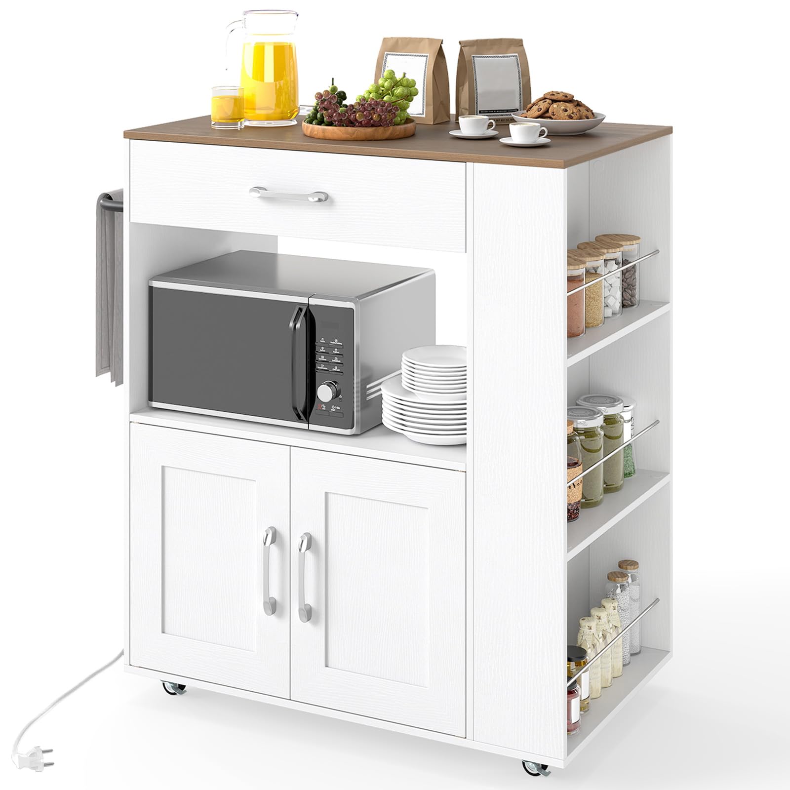 COSTWAY Carrello da Cucina con Ruote, Isola da Cucina con 3 Portaspezie 1 Cassetto Armadietto a 2 Porte, Carrello Portaoggetti con Portasciugamani, 82x46x92 cm (Bianco, con presa)