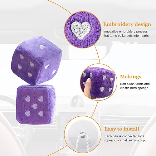 Miniatura 3 de Ziciner Par de dados de felpa mullidos para espejo de automóvil, dados cuadrados retro de 3 pulgadas con forma de corazón, decoración colgante de