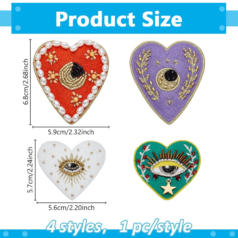INFUNLY 4Styles Evil Eyes Heart Beaded Patches Rhinestone Applique Patches Evil Eyes Sequin Applique Sew on Love Patch with Pearls Handmade Crystal Heart Appliques for Clothes Jeans Jackets Bag Shoes - Image 2