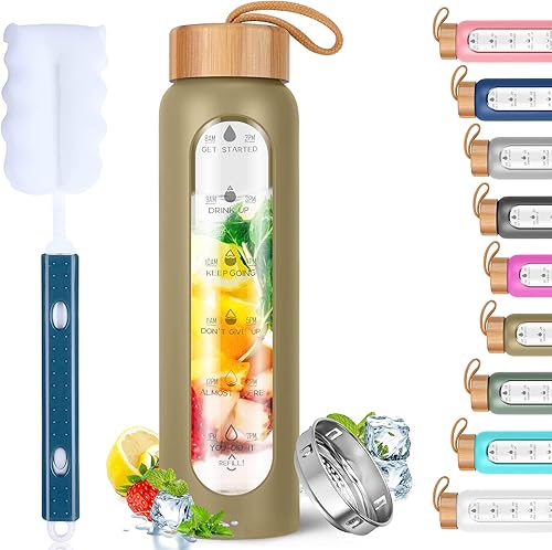 Miniatura 9 de Aqulea Botellas de agua de vidrio de 32 onzas con funda de silicona, botellas de agua motivacionales de vidrio de boca ancha reutilizables sin BPA