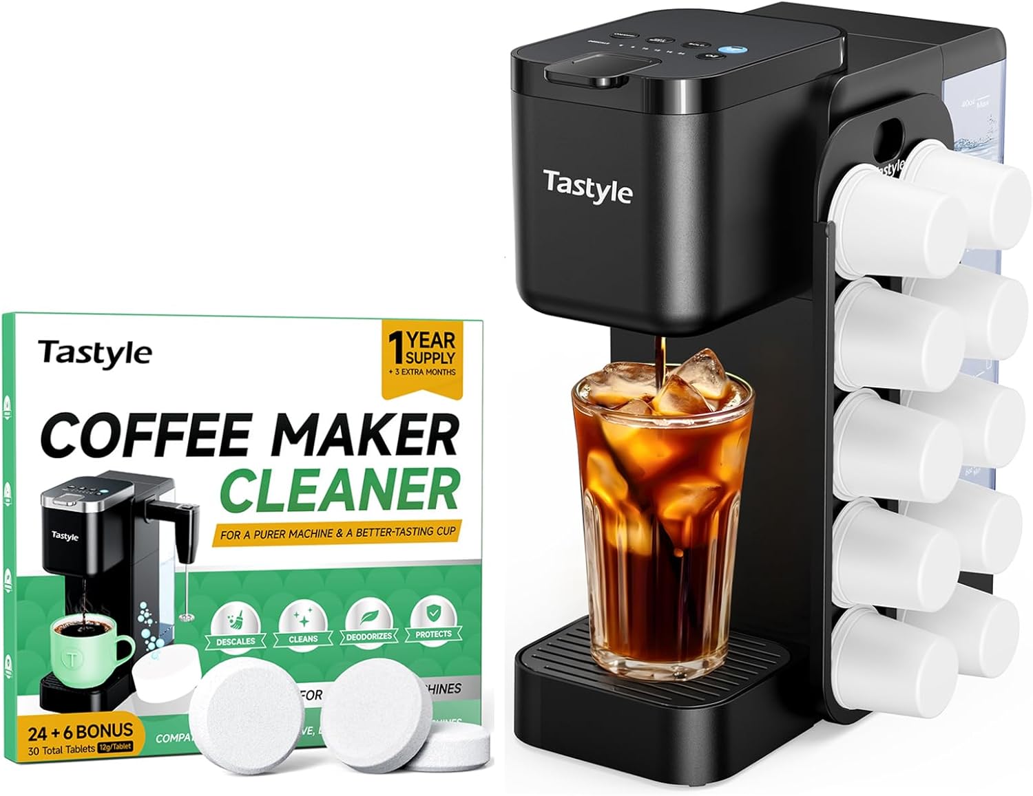 Tastyle Hot & Iced Coffee Maker with Magnetic K-Pod Organizer (Pods Not Included), with 30 Descaler Cleaner Tablets, 4-5 Cups Coffee Maker & Single-serve Brewer for K Cup & Grounds