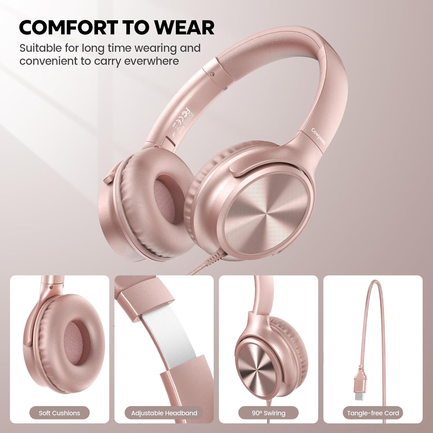 Over Ear Headphones Wired, Foldable 3.5mm Wired Headphones with Microphone, Volume Control, HD Stereo Sound, Lightweight Headphones for Adult/Teens/Chromebooks/Laptop/Computer/Tablets, Rose - Image 3