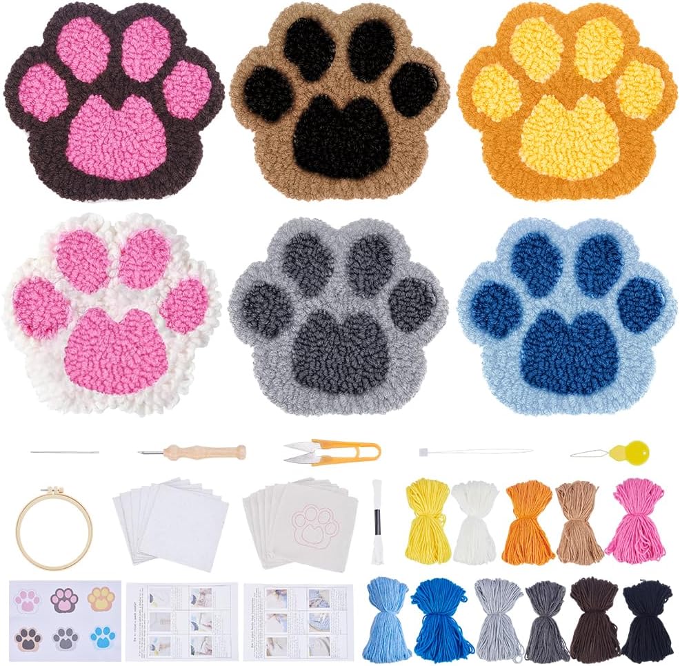ORIGACH 6 Set Puppy Punch Needle Coasters Kit with Pattern, Adhesive Felts, Yarn, Tools and Instruction Dog Punch Needle Embroidery Kit for Beginners Adults DIY Mug Tufted Rug Making Set