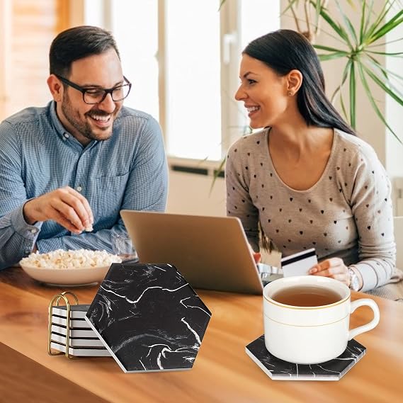 6 Pcs Cool Black Marble Coasters With Holder - Hexagon Absorbent Modern Ceramic Set - Best Stone Drink Coasters for Beverage, Coffee Table, Cup, Bar