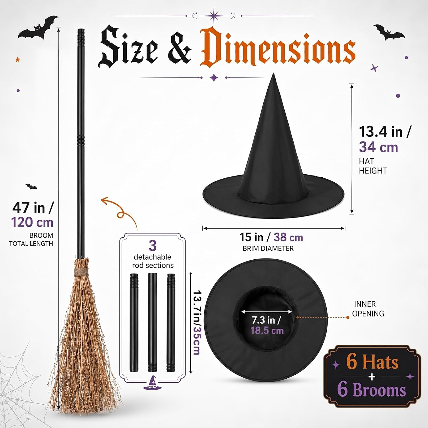 24 Pcs Halloween Witch Costume Accessories Set, Retractable Brooms and Hats