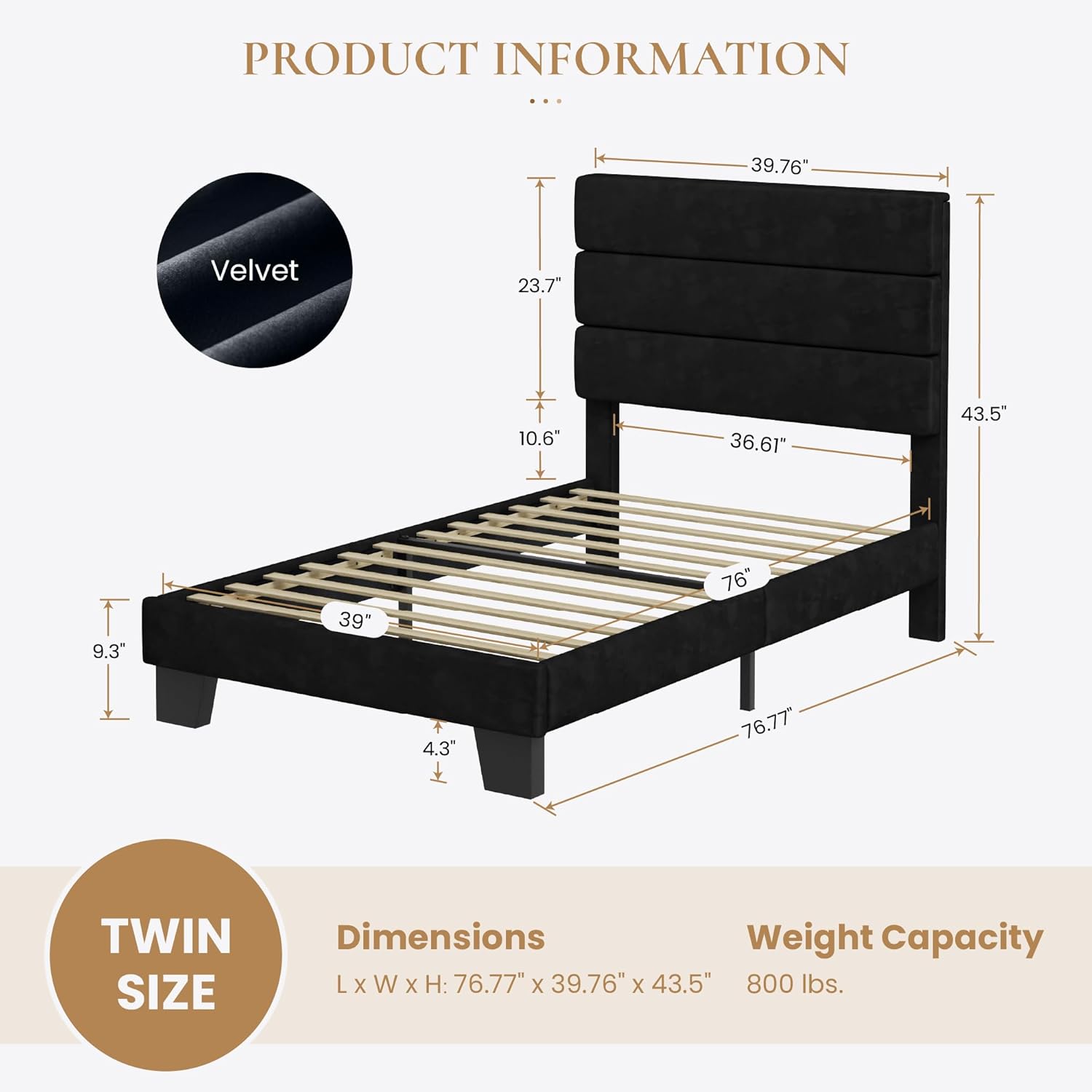 SHA CERLIN Twin Platform Bed Frame with Velvet Upholstered Headboard, Mattress Foundation with Strong Wooden Slats Support, No Box Spring Needed, Black