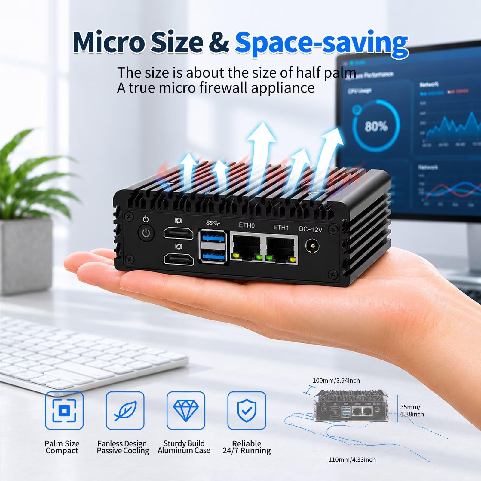 Micro Firewall Appliance, Fanless Mini PC N100 4C/4T, 2X 2.5 GbE i226V LAN,AES-NI,DDR5 0G SSD 0G NVME Barebone Router Netzwerk Security 6USB/2HD Dual Display