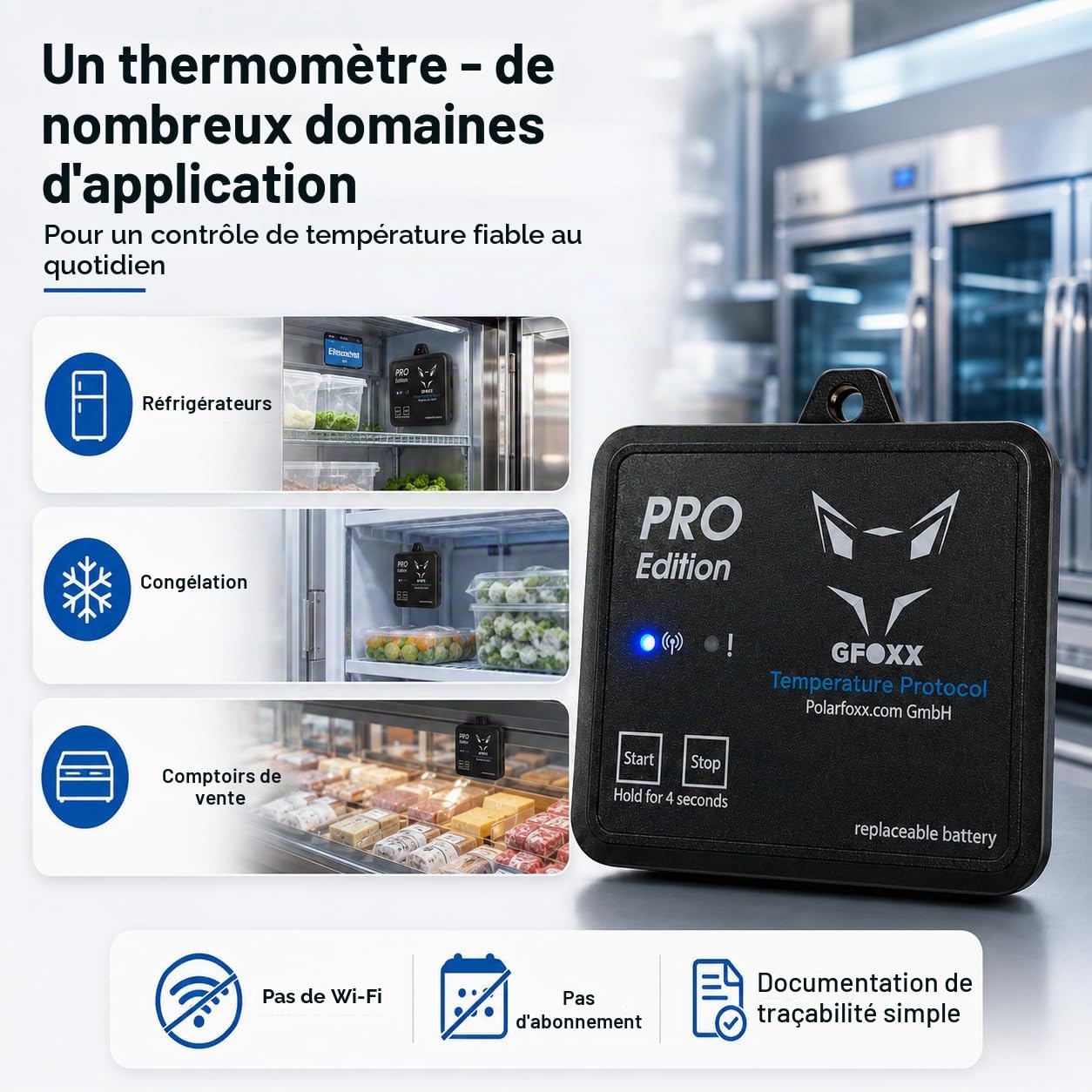 Thermomètre Bluetooth Pro Edition - Liste de température automatique HACCP - Construction robuste - Remplacement facile de la batterie - Contrôlé par application - Pour zones de refroidissement