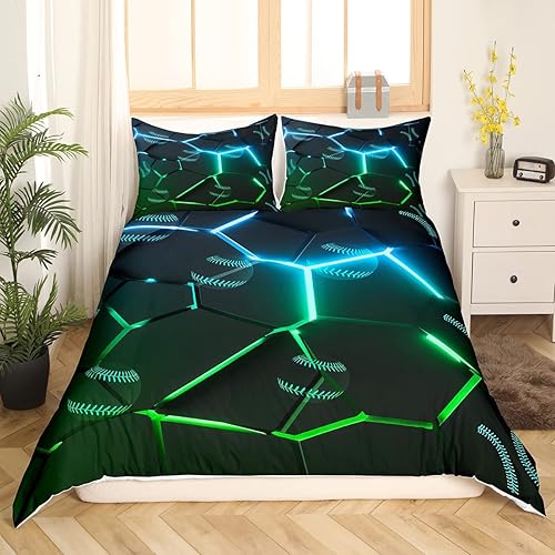 Miniatura 2 de Funda de edredón de béisbol de panal de abeja, geometría hexagonal, color verde fluorescente, juego de ropa de cama geométrica de colmena para niños