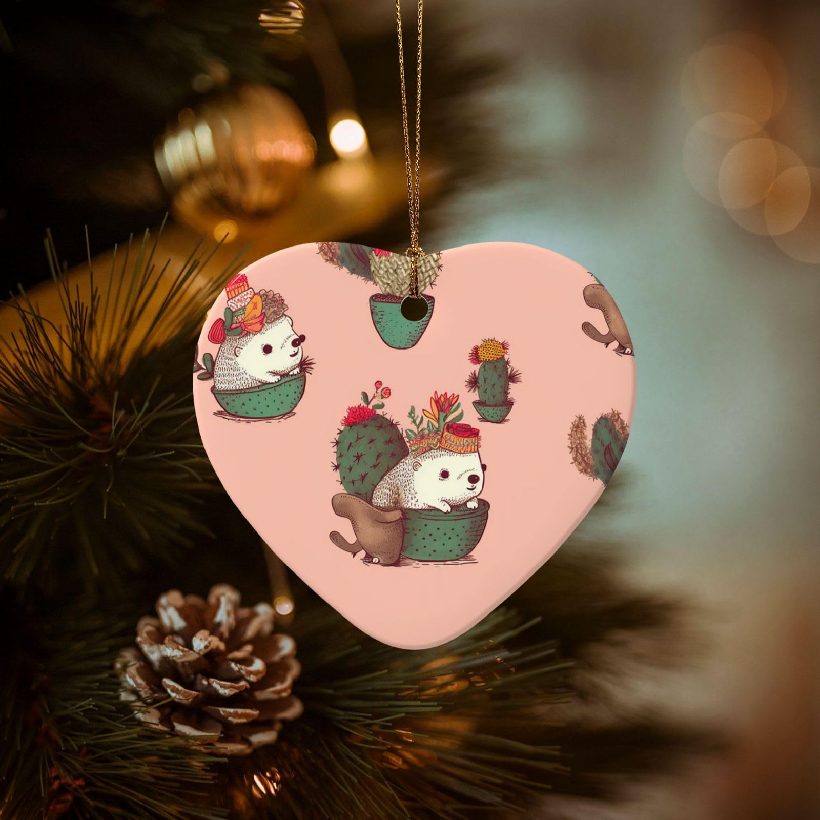 Christmas Tree Ornaments Ceramics Christmas Decorations Hedgehog and Cactus Ornaments with Gold Ribbon Porcelain Xmas Tree Crafts Heart Shape Hanging Pendant for Christmas Tree Party Decor