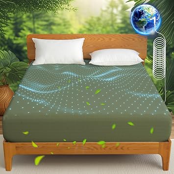 Ivellow Grounding Sheets King 10% Pure Silver Fiber 90% Organic Cotton Sheets King Size 16 Deep Pocket Soft Breathable Grounded Sheet Earth Connected Bedding Fitted Sheet with Grounding Cord Green