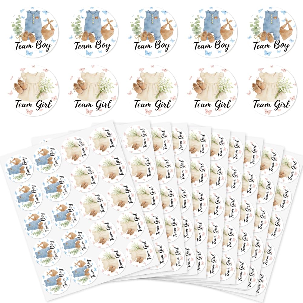 arricraft 200 Pcs Gender Reveal Stickers, 5cm/1.97inch Overall Dress Shoe Theme Round Self-Adhesive Gender Reveal Labels Decorations Party Supplies Stickers for Shower Party Voting Game Ideas