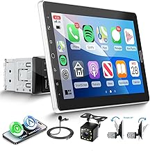 1 Din Car Radio with Carplay Android Car, Touch Screen Adjustment 10.1 Inch IPS Stereo Auto Support Bluetooth, FM Radio, Mirror Link, GPS, 2USB, SWC, MIC, Rear Camera