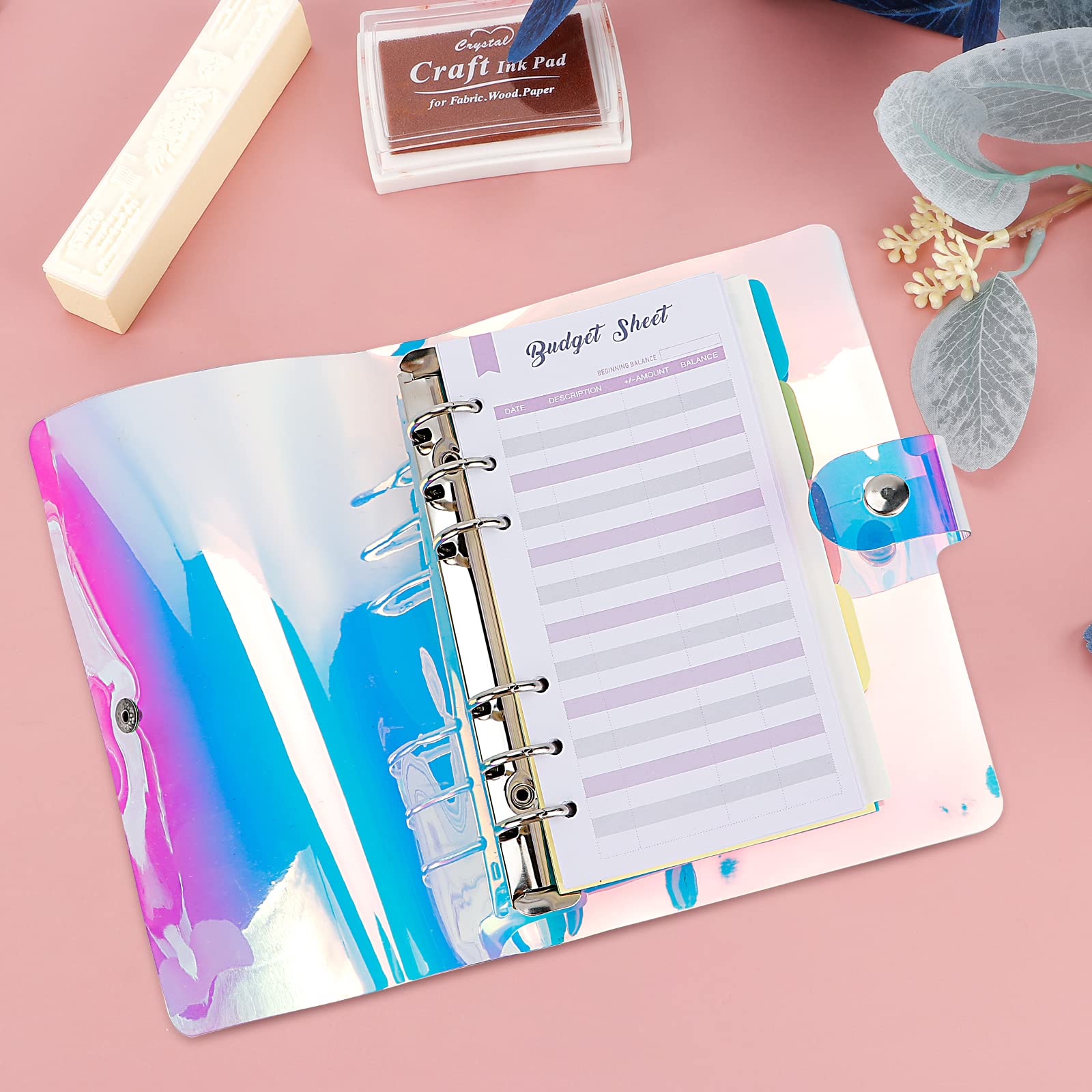 Archivador de PVC blando transparente con anillas de 6 agujeros, recargable para hojas sueltas A6/A5, cubierta protectora irisada tipo láser, ideal para cuadernos de notas y presupuestos