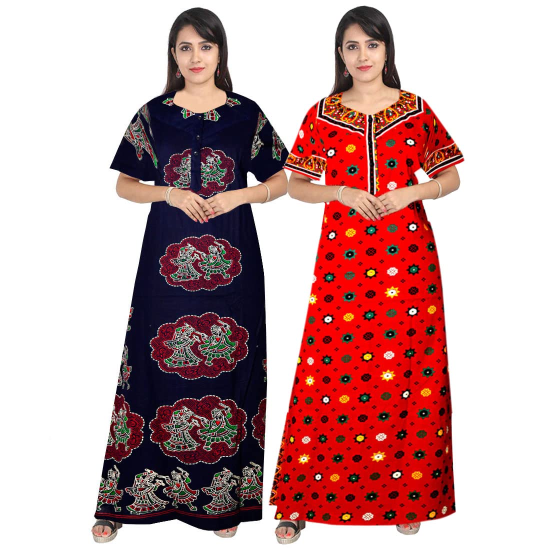 Jaipuri Cotton Printed Maternity Front Zipper Full Length Maxi Nighty Gown (Pack of 2)-image-24