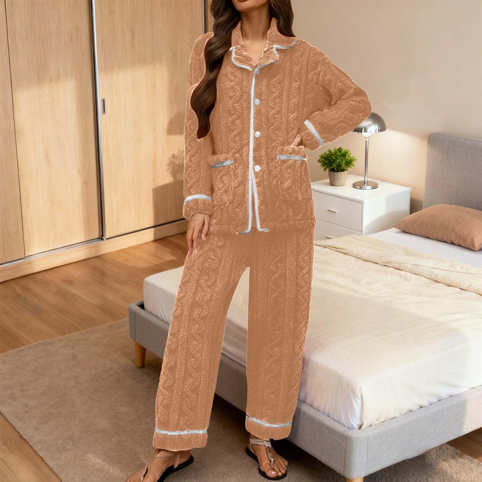 Pijama para mujer, forro polar, ropa de dormir de 2 piezas, mullido, conjunto de camisetas y pantalones de pijama, forro polar, térmico, cálido