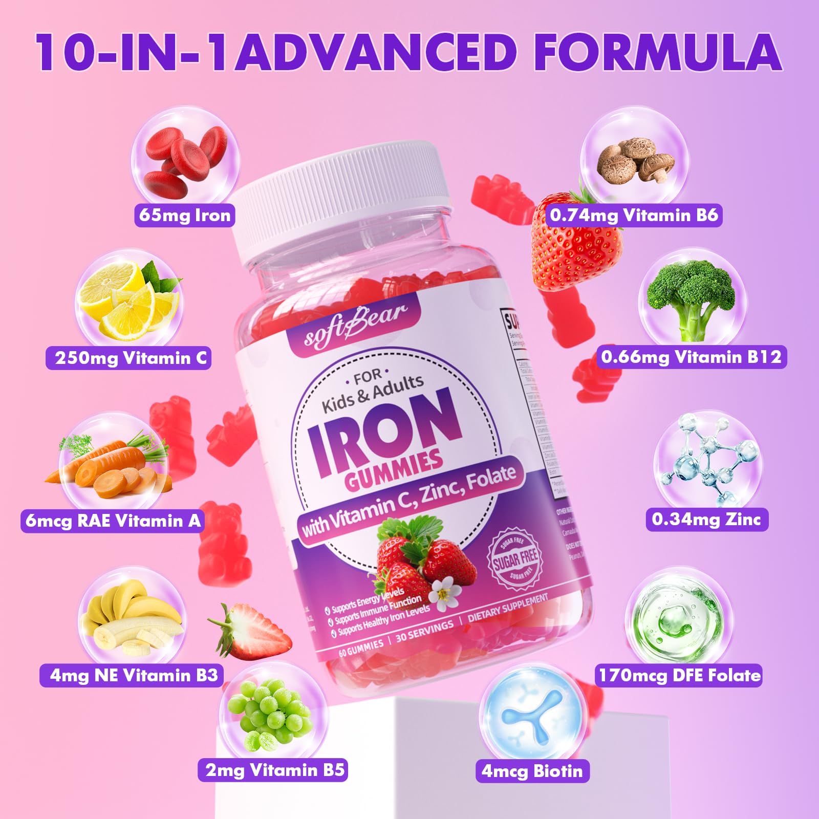 softbear Iron Gummies for Women & Men & Kids, Strawberry Flavor 60 Count — Amazon image 3