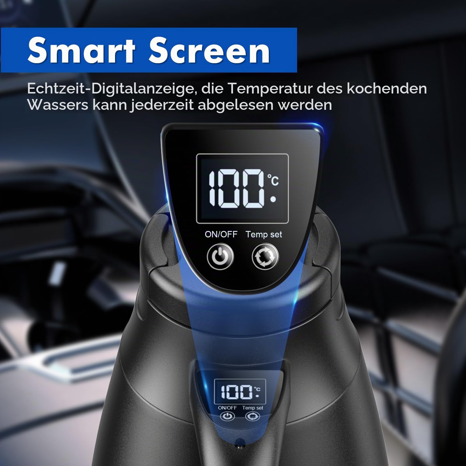 12V/24V Reise Wasserkocher Auto, 1,2 Liter Edelstahl Elektrischer Mobiler Reisewasserkocher mit Zigarettenanzünder Bis zu 100℃ mit LCD-Anzeige für Heißwasser Kaffee Tee, Auto LKW KFZ Camping