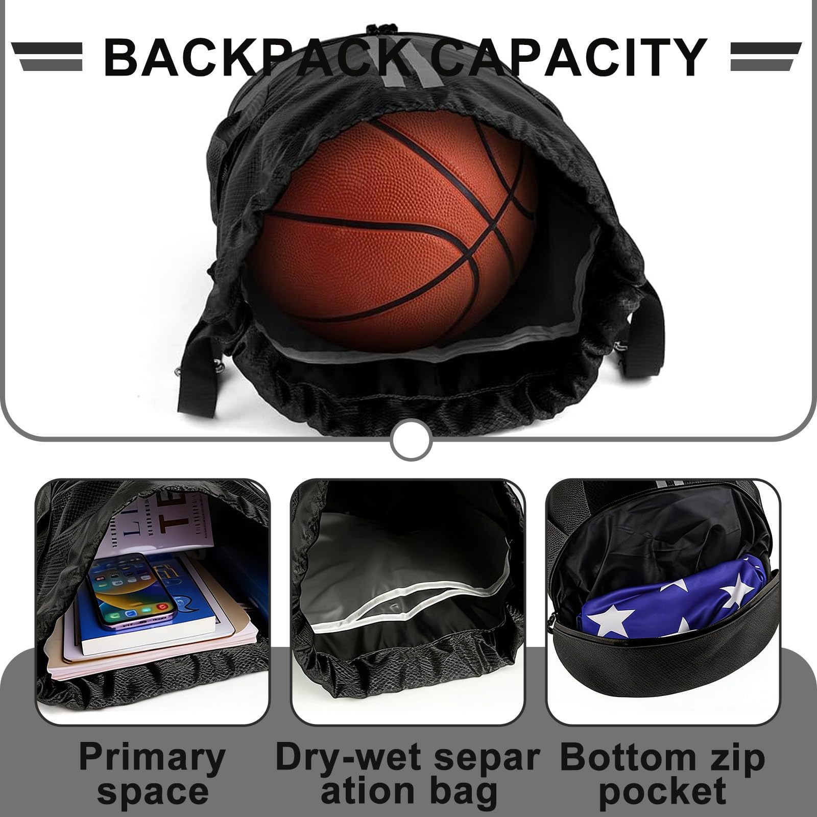 Mochila Gimnasio Hombre, Bolsa Gimnasio Impermeable con Compartimento para Zapatos – Mochila Gym Hombre Ligera para Natación, Baloncesto, Fútbol. Negro - 5