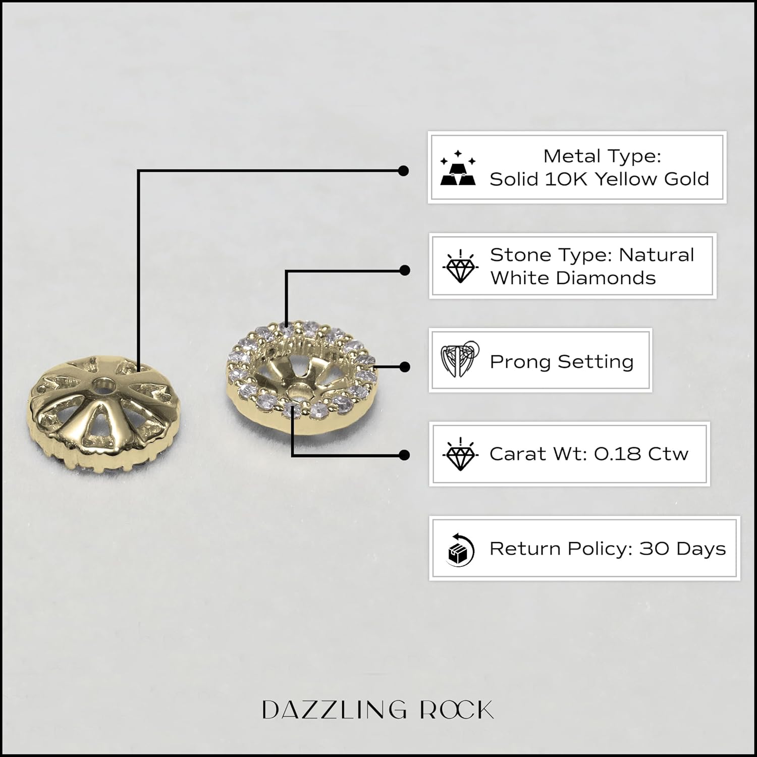 Dazzlingrock Collection 0.18 Ctw Round White Natural Diamond Halo Removable Earring Jackets for Women in 10K Real Solid Gold