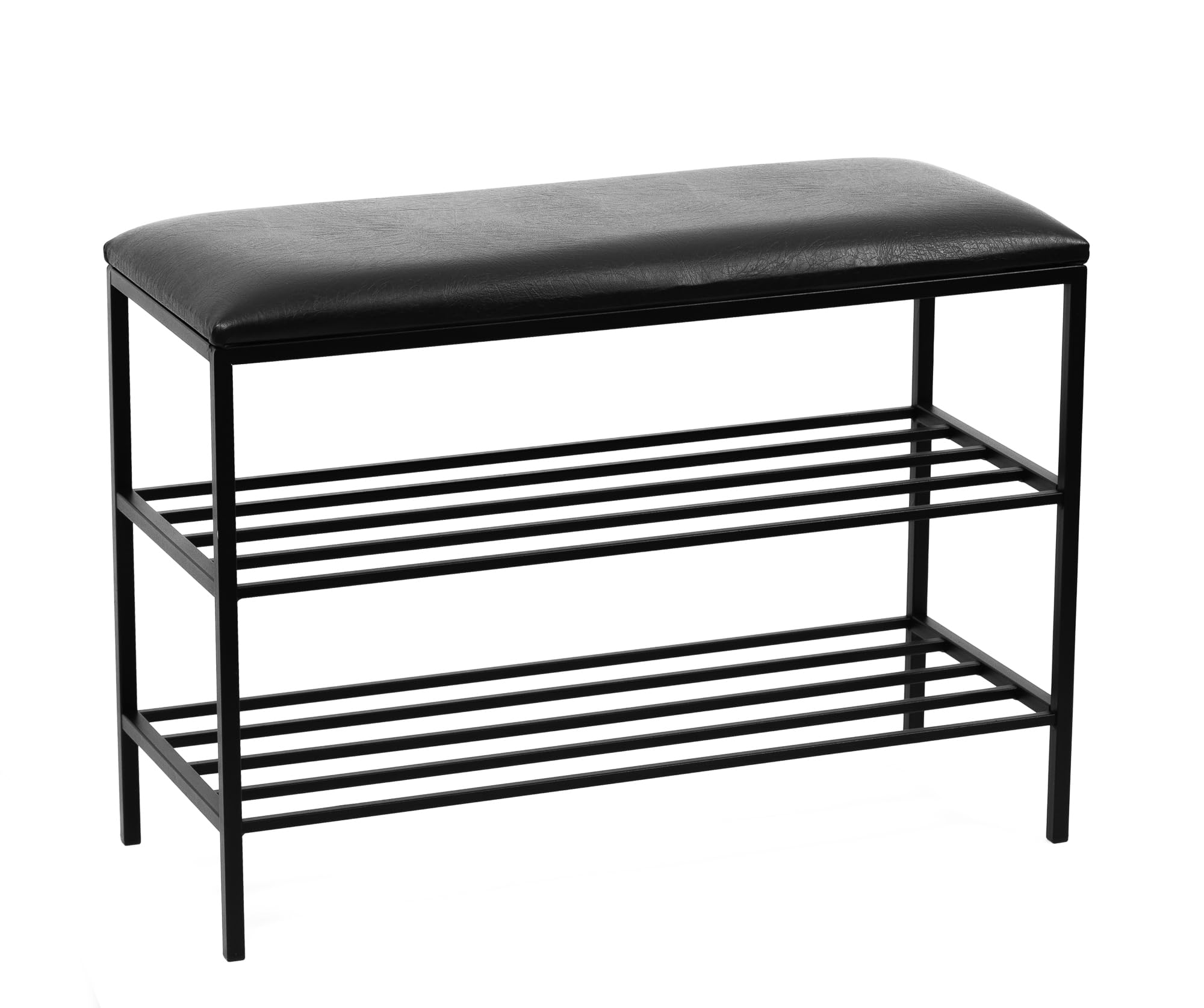 Ławka na Buty z Siedziskiem - Stojak na Buty - 75x30x55cm - z Metalu, 2 półki, bez Montażu - Ławka do Przedpokoju POSTO Czarny z Czarnym Siedziskiem ze Sztucznej Skóry, 15mm Metalowa Rama