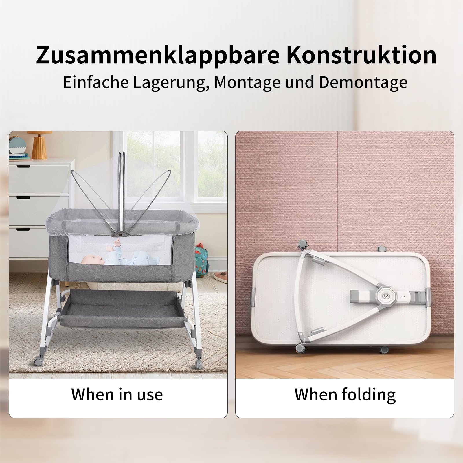 homewell Beistellbett Baby,Bett Bassinet/Babybett/Babywiege, Zustellbett 6 Fach Höhenverstellung und Neigungsverstellung, Faltbare Seitenwand für Zuhause und Unterwegs (Grau)