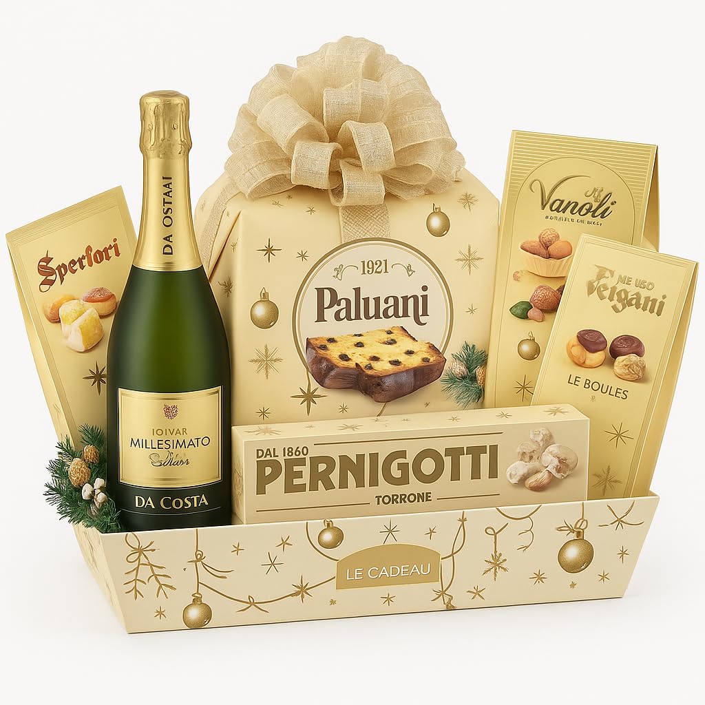Cesto Natalizio Vassoio Merry Christmas con Dolci Tipici, Cioccolato, Torrone e Spumante Dolce, Confezione Regalo Elegante e Raffinata per Natale, Idea Regalo Gourmet per Famiglie o Aziende