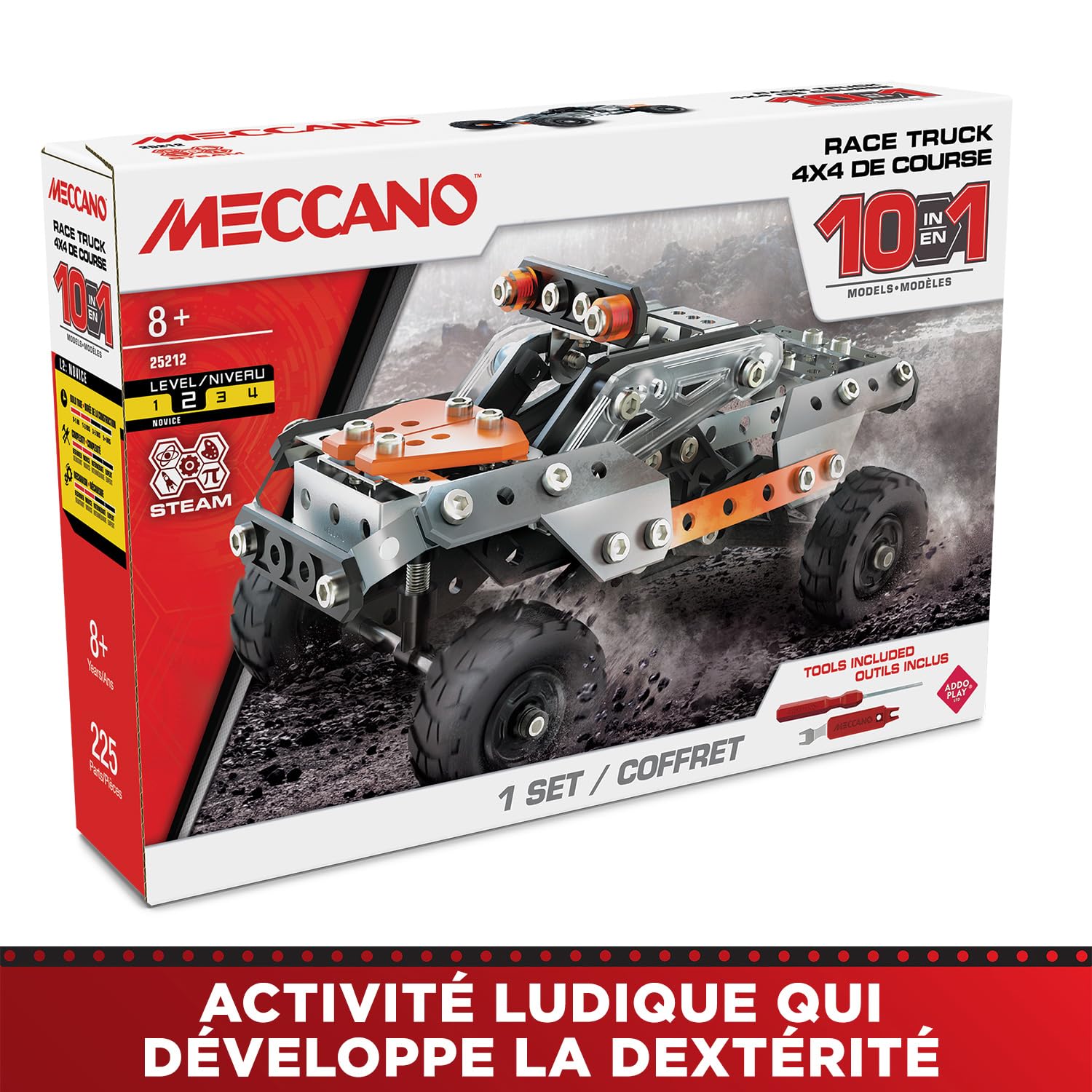 BANDAI – Meccano 4x4 de Course 10 en 1 – Coffret de Construction 10 Modèles – 225 pièces, Outils, Notice – Kit Activité Assemblage Race Truck Voitures de Course – Jouet Enfant 8 Ans et + - APM11115