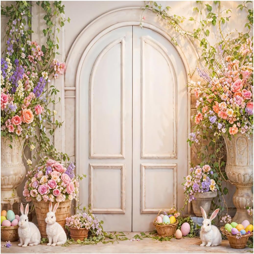 Kate 7x5ft White Rabbit Happy Easter Day Photography Backdrops Front Door Spring Colorful Flowers Colorful Eggs Photo Background
