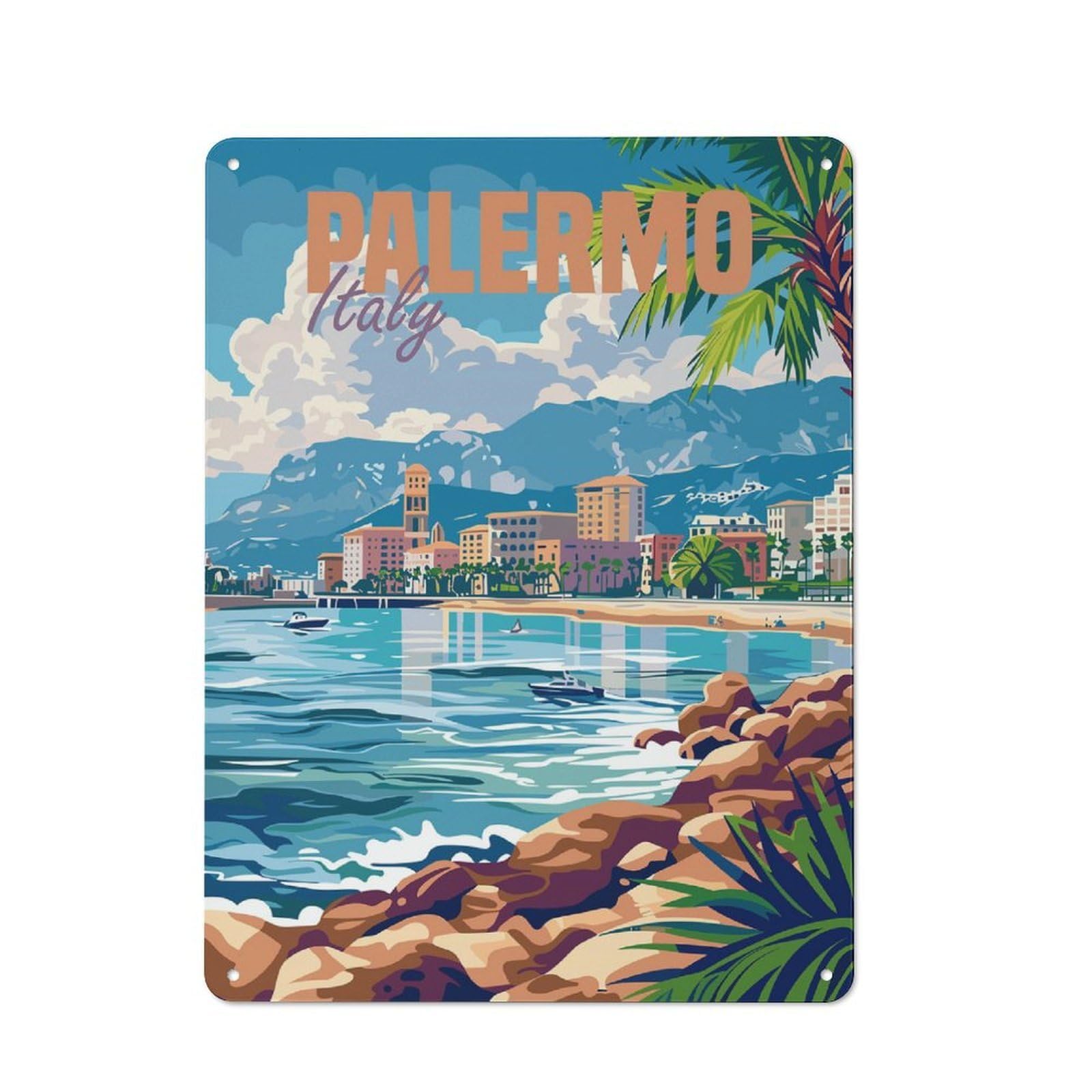 Junmoney Style-5 Palermo Italy Retro Tin Wall Plaque 40X30cm For Hobby Room Or Studio, For Garage, Workshop And Man Cave Decoration