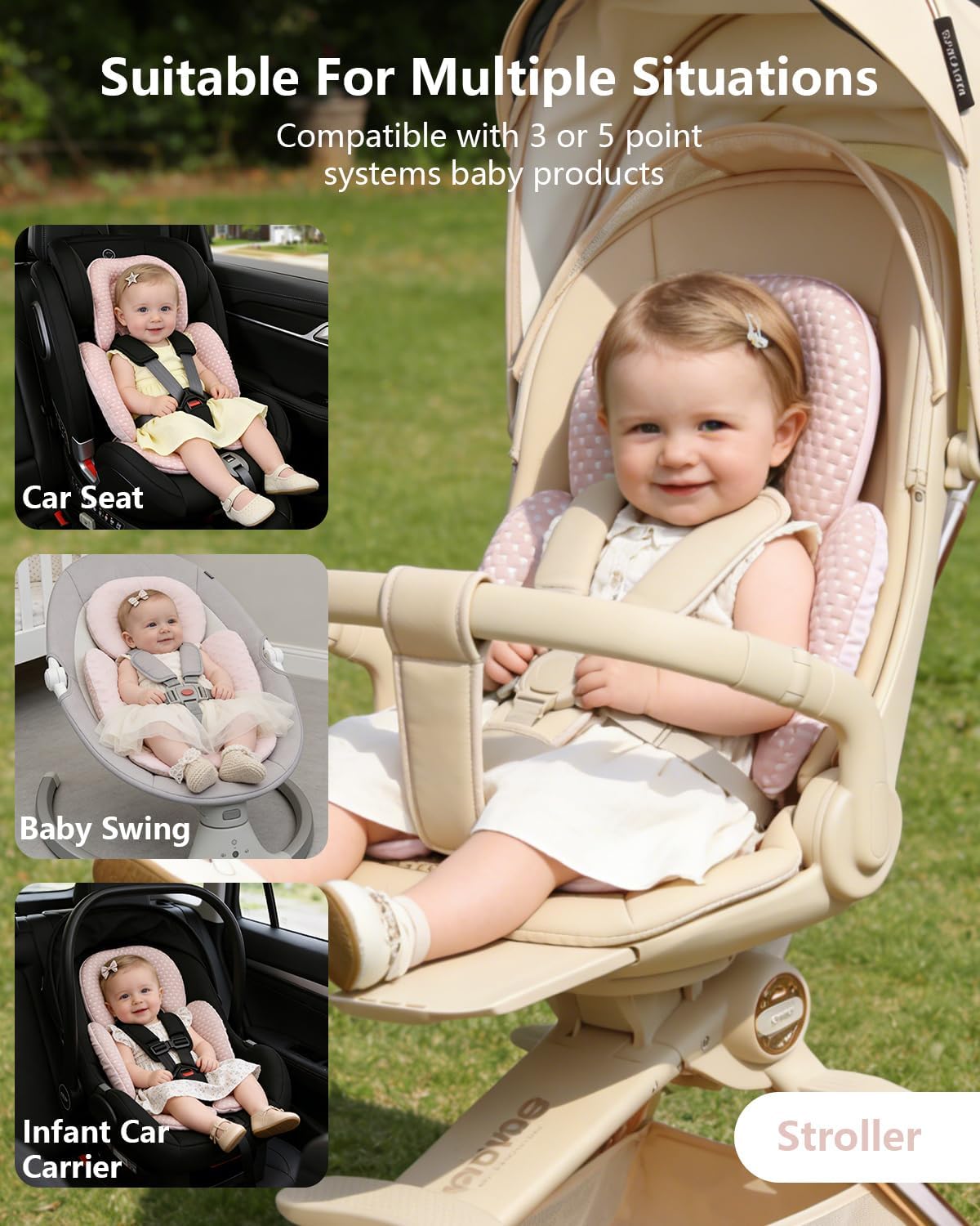 KAKIBLIN Infant Car Seat Insert for Baby, Car Seat Cooling Pad, Reversible Newborn Car Seat Insert Head Body Support for Summer, Fits for Stroller, Swing, Bouncer, Bassinet, Boys and Girls (Pink B)