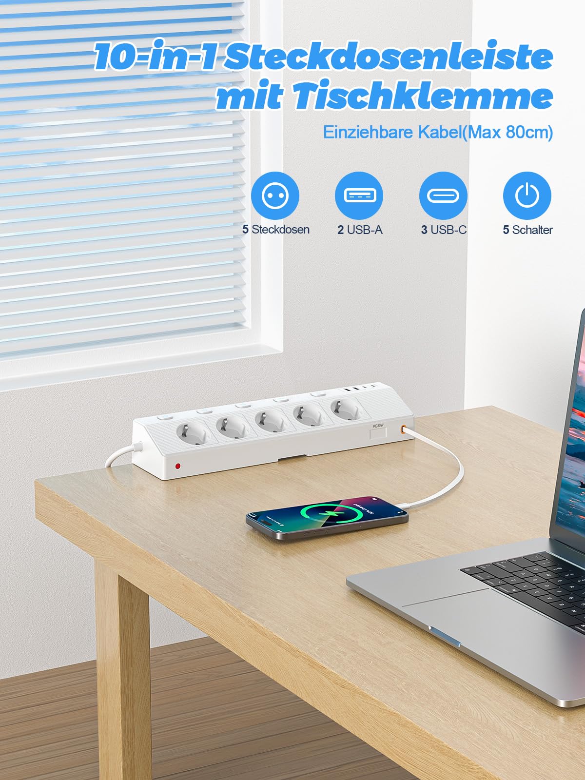 Ciabatta elettrica da tavolo con morsetto USB PD 30 W, 5 prese, multipresa da scrivania con protezione da sovratensione e commutabile singolarmente, presa angolare 10 in 1 con cavo da 3 m, bianco