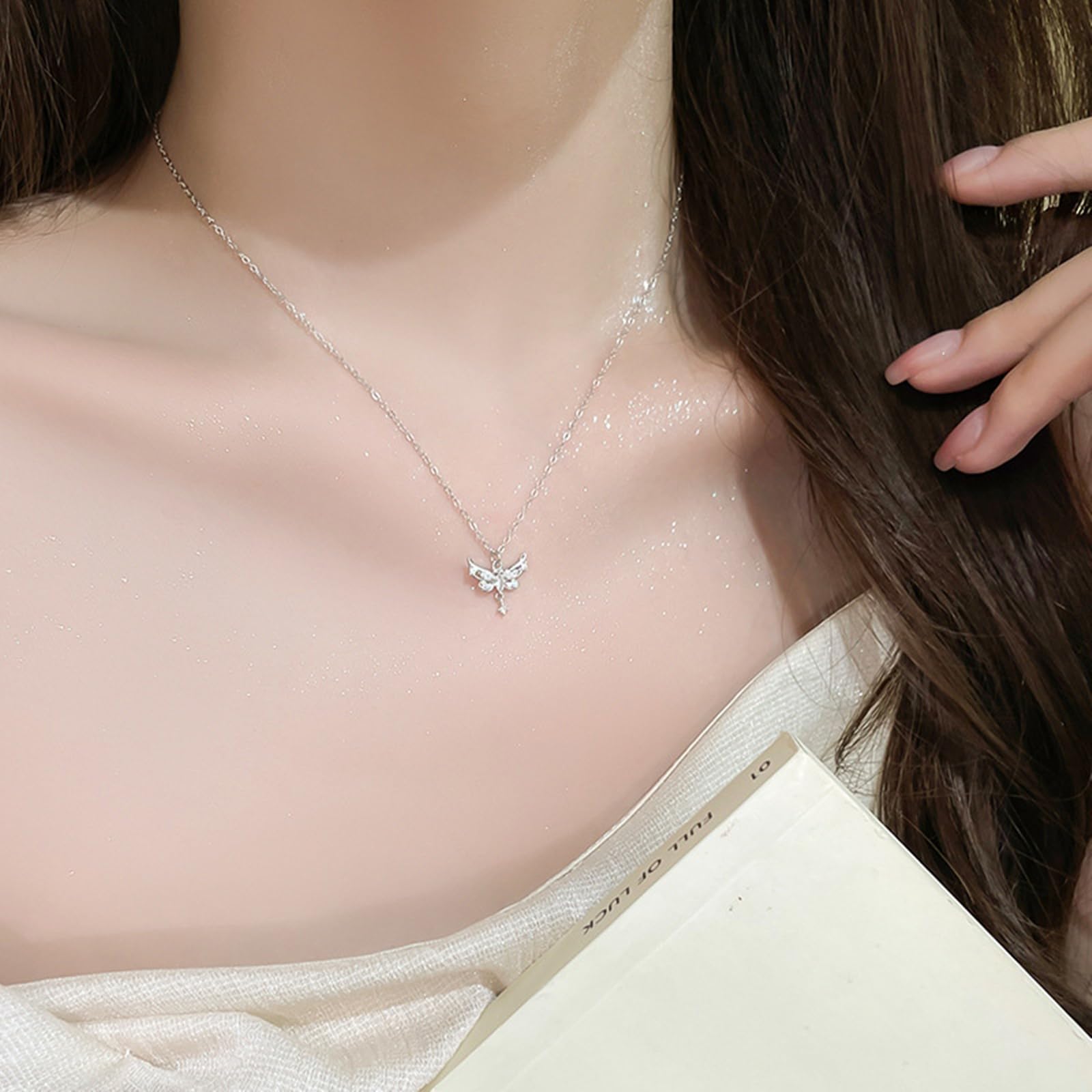 Collar de oro blanco de 18 quilates con alas de ángel para mujer, cadena de oro blanco de 9 K, 14 y 18 quilates con moissanita, collar de madre de cable alargado para mujer, 40 + 5 cm